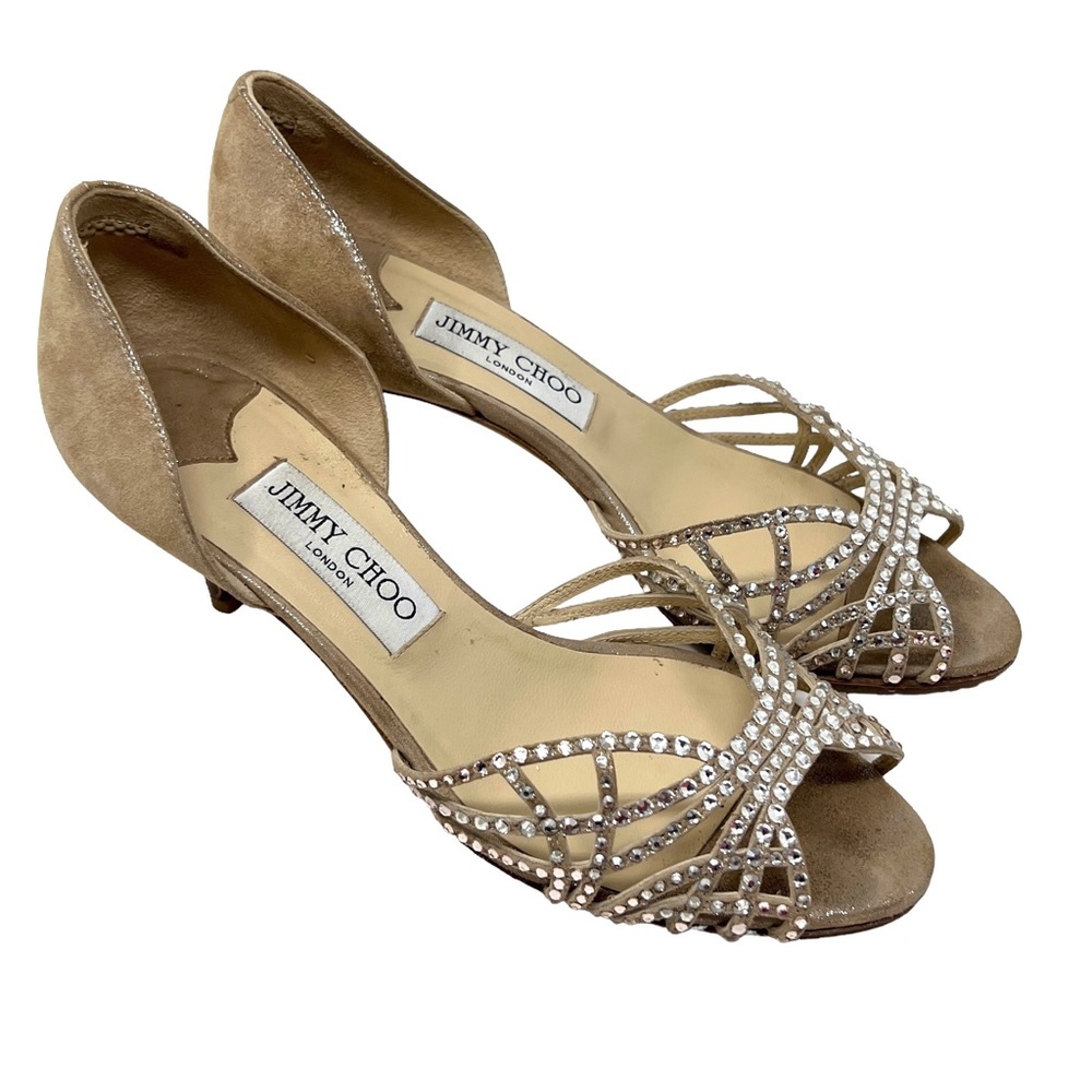 Jimmy Choo Rhinestone Cream Tan Silver Shimmer Bling Heels